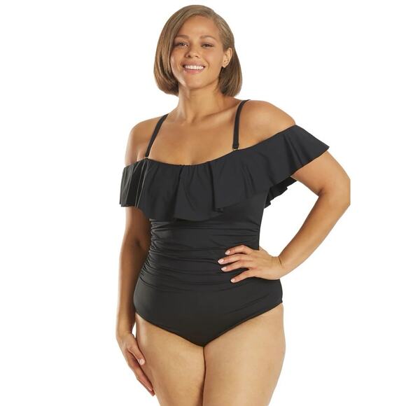 City Chic Plus S 16 Swimsuit Elba Tankini Top Off The Shoulder Ruched Black - Picture 2 of 15